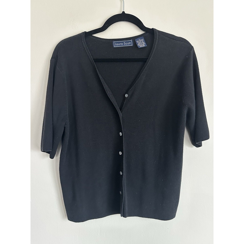 VTG 90s Laura Scott Black Cardigan Size Large Button Up Knit Capsule Wardrobe